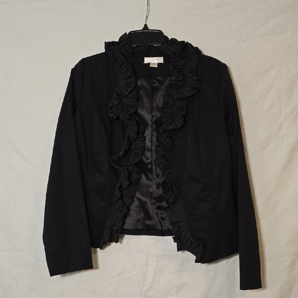 Kenar Black Ruffled Collar Vintage Jacket Size Medium Front Hook Closure